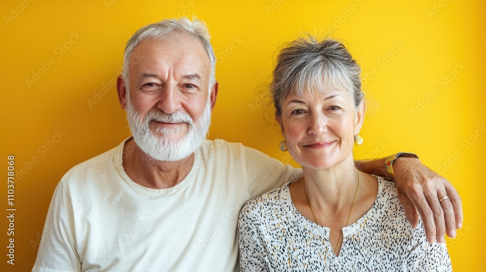 Joyful elderly couple smiling against a bright yellow background Joyful elderly couple smiling against a bright yellow background