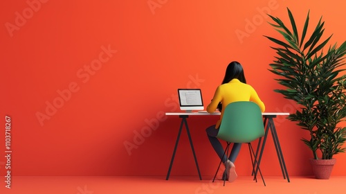 Bright and Colorful Workspace with a Woman Working on a Laptop in a Modern Cafe Setting, Emphasizing Hybrid Work and Creative Environment