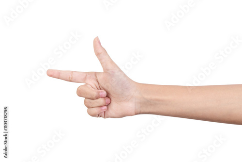 Bilde på lerret Girl hand is finger gun gesture pointing to something