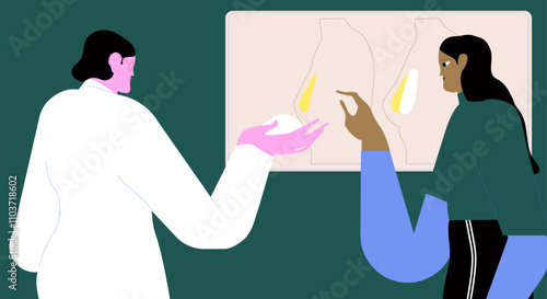 Breast augmentation, plastic surgery consultation and preparation. Doctor consulting female patient about implant increase, aesthetic lifting. Flat vector illustration isolated on white background 