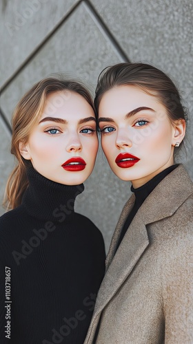 Two Stunning Women in Chic Winter Fashion Portraits photo