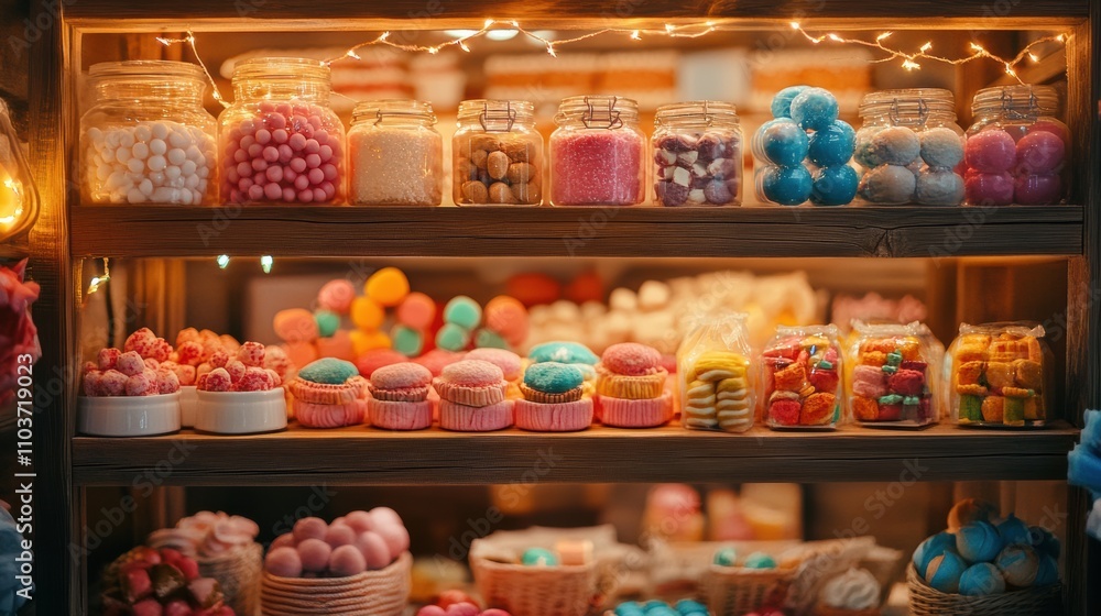A collection of cute sweets in various colors on a wooden shelf, cozy lighting for a warm feel A collection of cute sweets in various colors on a wooden shelf, cozy lighting for a warm feel