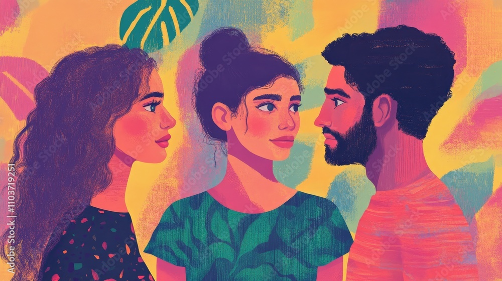 Three diverse individuals thoughtfully exploring polyamory, set against a vibrant, abstract pastel backdrop with lush foliage elements. Three diverse individuals thoughtfully exploring polyamory, set against a vibrant, abstract pastel backdrop with lush foliage elements.