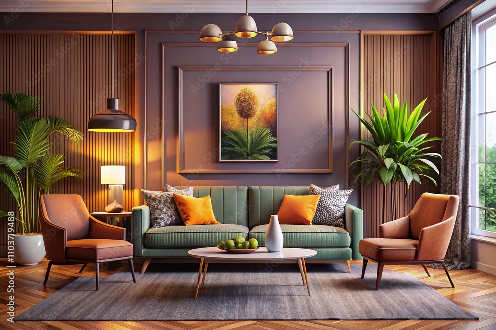 Fototapeta premium Modern Living Room Interior with Mockup Frame on Wall Showcasing Contemporary Decor, Elegant Furniture, and Stylish Atmosphere for Home Design Inspiration