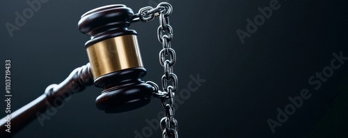 law restriction and litigation concept. Gavel and chain symbolizing justice and authority in a legal context. photo