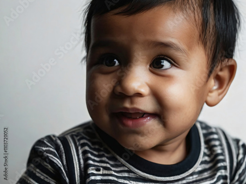 A joyful baby smiles brightly in a simple, plain background.