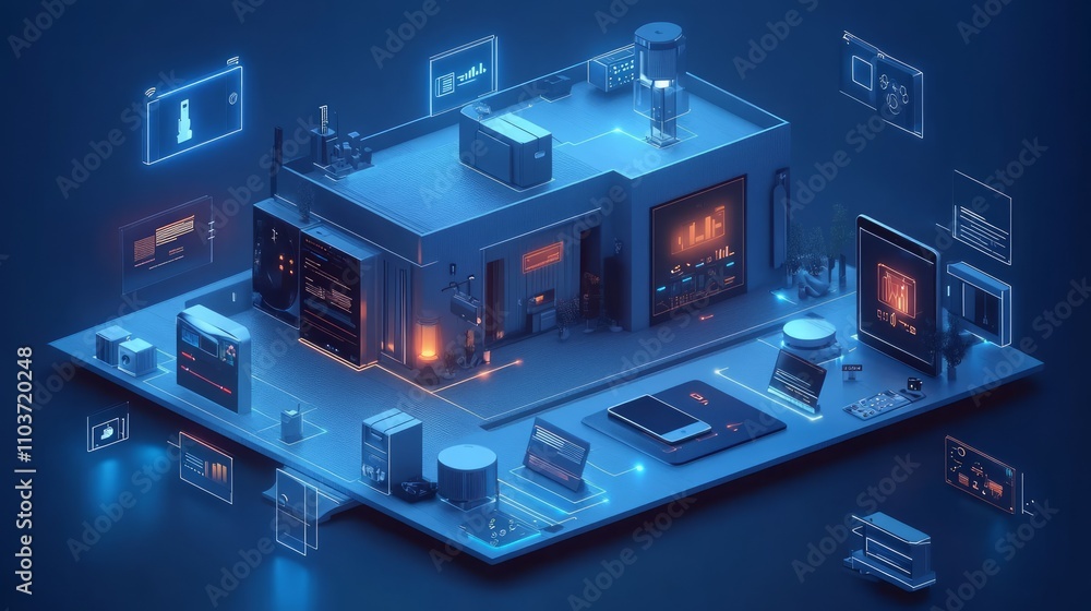 Smart home isometric illustration showing interconnected devices and data visualization. Smart home isometric illustration showing interconnected devices and data visualization.