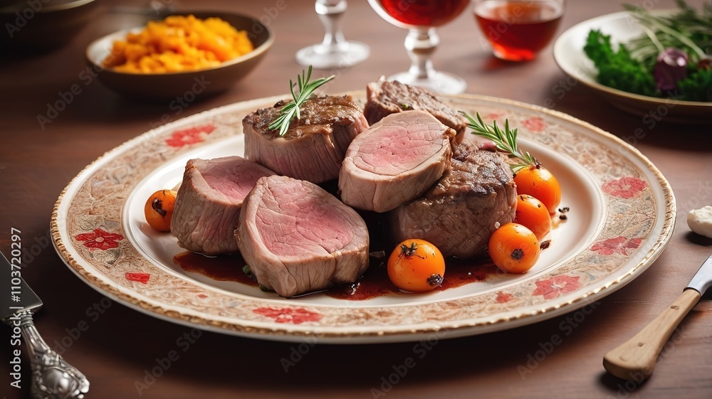Elegant dining table featuring lamb meat on a beautifully decorated plate in warm hues. Elegant dining table featuring lamb meat on a beautifully decorated plate in warm hues.