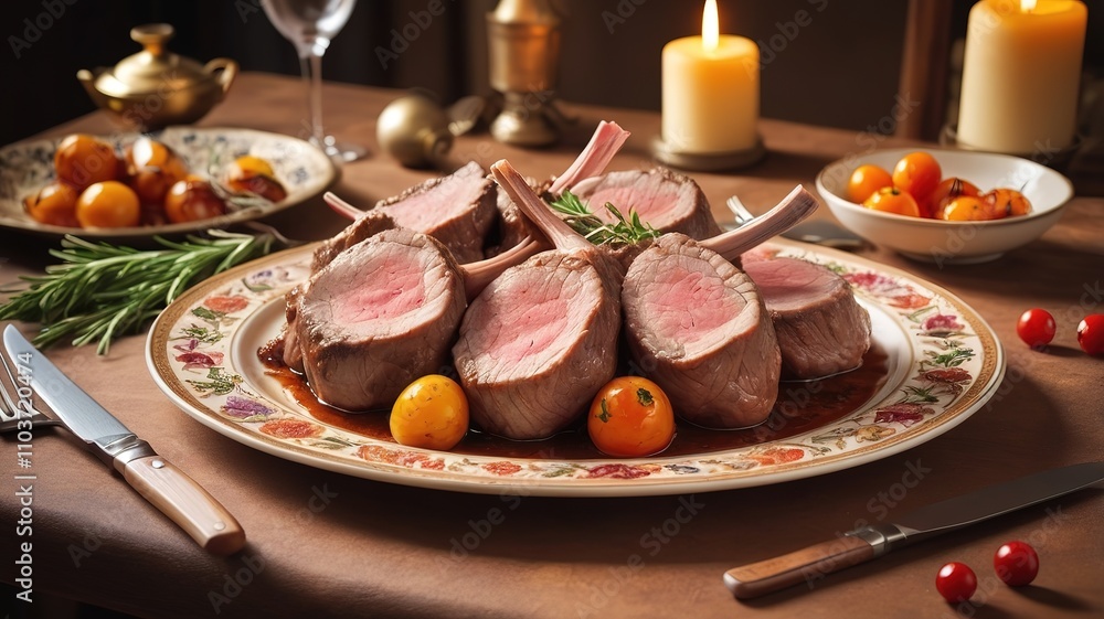 Lamb meat arranged on a decorated plate with warm tones, creating a cozy dining atmosphere. Lamb meat arranged on a decorated plate with warm tones, creating a cozy dining atmosphere.