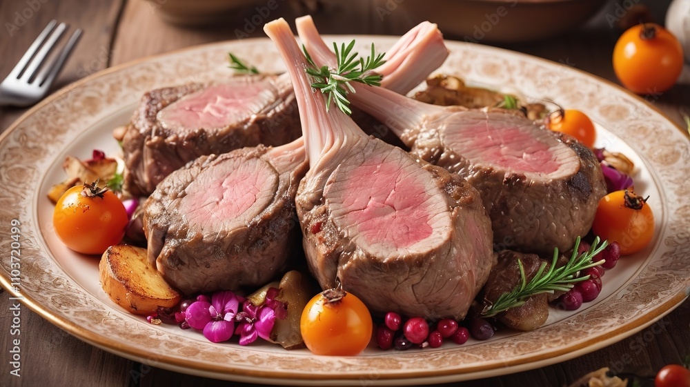 Elegant dining table featuring lamb meat on a beautifully decorated plate in warm hues. Elegant dining table featuring lamb meat on a beautifully decorated plate in warm hues.