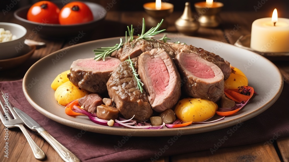 Lamb meat arranged on a decorated plate with warm tones, creating a cozy dining atmosphere. Lamb meat arranged on a decorated plate with warm tones, creating a cozy dining atmosphere.