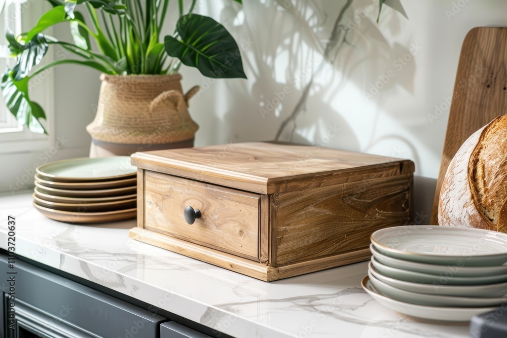 Fototapeta premium Kitchen with wooden bread box houseplant and plates on white marble counter