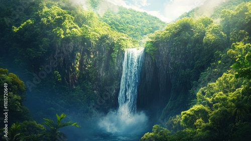 Waterfall in Lush Rainforest