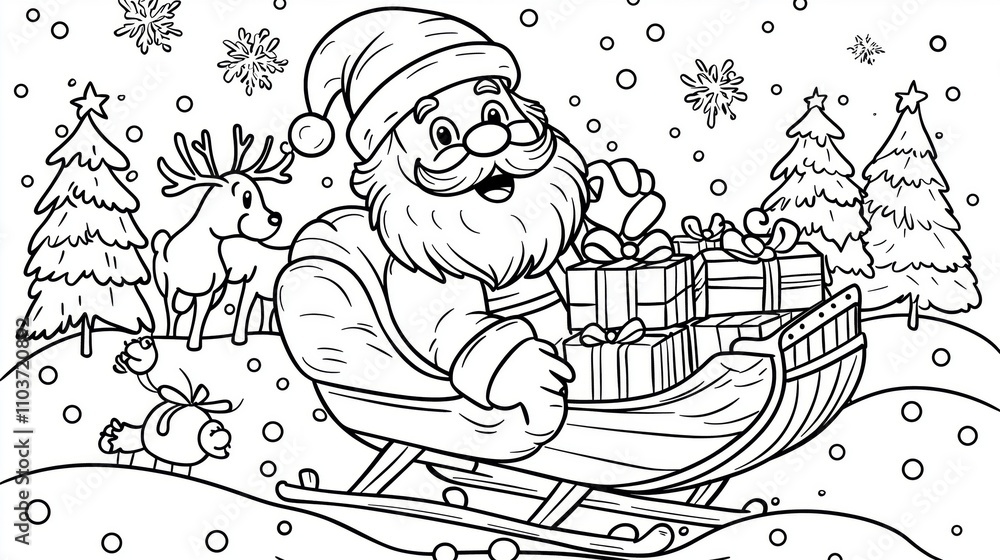 Obraz premium Coloring page of Happy Santa Claus Coloring Page with Sleigh Full of Gifts Surrounded by Trees and Deer in a Winter Wonderland Scene for Kids to Enjoy and Color