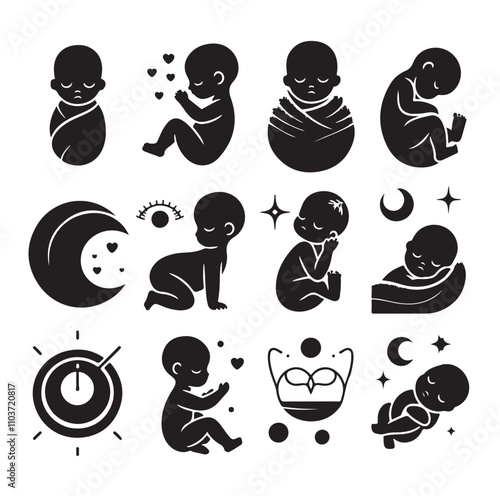 Newborn baby black set silhouette vector illustration
