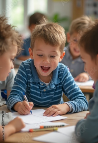 A group of young children is gathered around a table, immersed in a lively drawing session, with one boy in a blue striped shirt beaming with excitement as he colors. The atmosphere is filled with