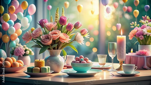 Modern Mother's Day Celebration with Lush Floral Decor, Elegant Table Setting, and Soft Pastel Background, Perfect for Holiday Promotions and Greetings