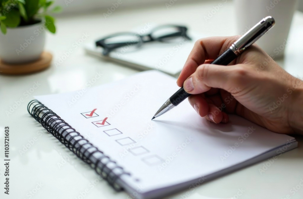 A person is writing a checklist in a notebook on a desk, surrounded by plants and reading glasses, focusing on tasks A person is writing a checklist in a notebook on a desk, surrounded by plants and reading glasses, focusing on tasks