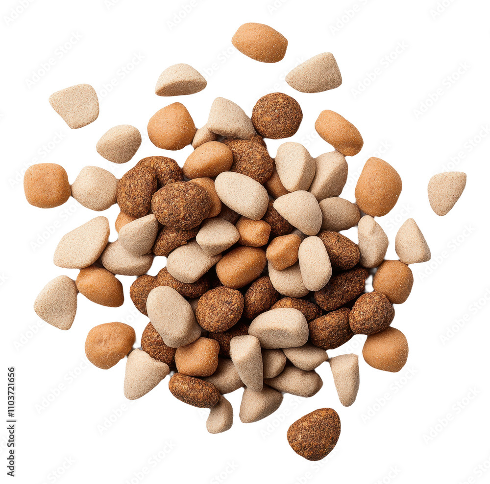 Mixed dry pet food kibble on a white background Mixed dry pet food kibble on a white background