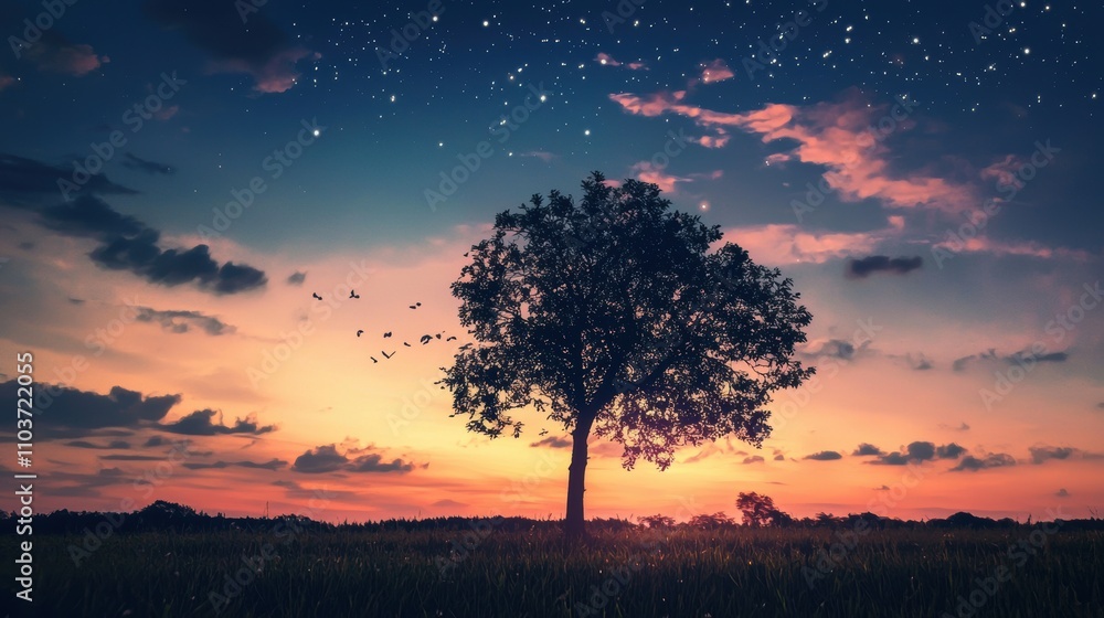 Majestic Tree Silhouette Against Colorful Sunset and Starry Sky Majestic Tree Silhouette Against Colorful Sunset and Starry Sky