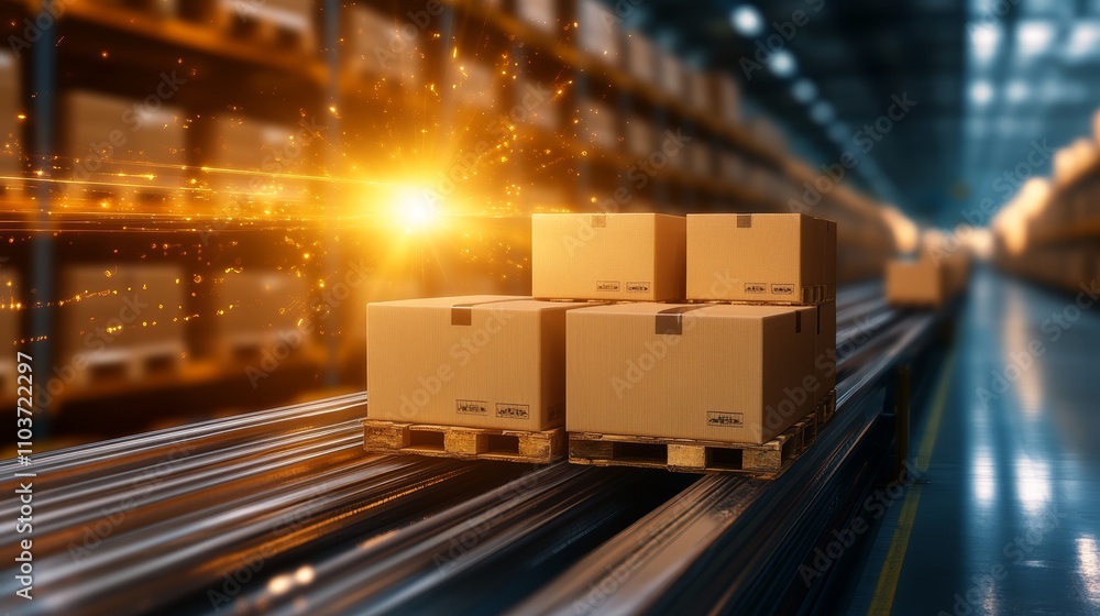 Streamlined warehouse operations, automated conveyor belt system efficiently moving cardboard boxes in distribution center Streamlined warehouse operations, automated conveyor belt system efficiently moving cardboard boxes in distribution center