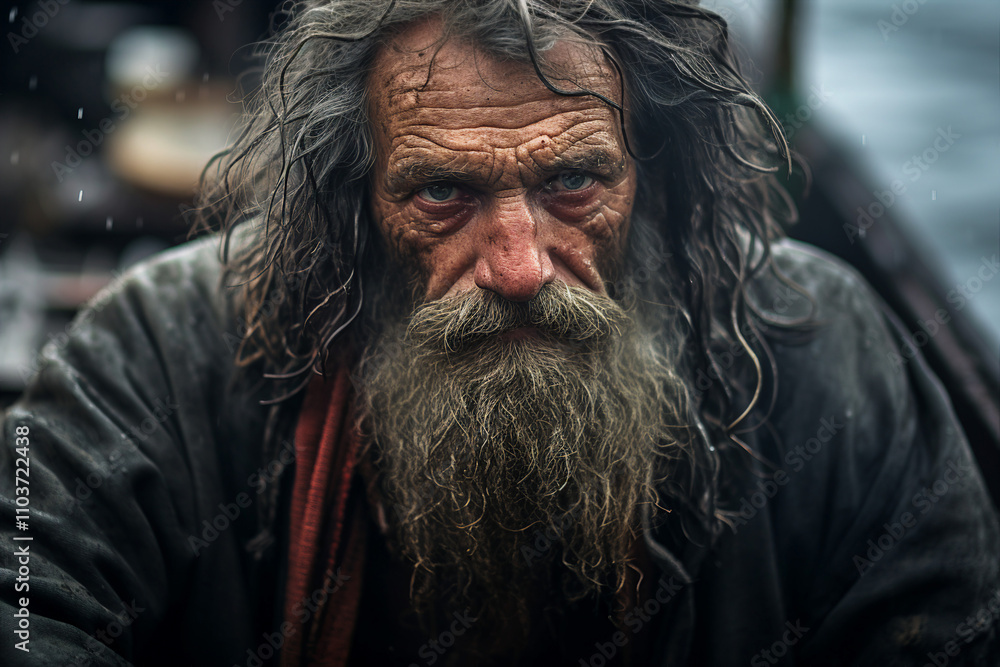 Old man fisherman sitting in boat surrounded by water generative AI illustration Old man fisherman sitting in boat surrounded by water generative AI illustration