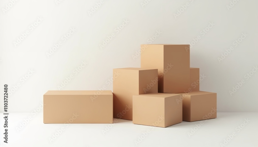 Fototapeta premium Stacked cardboard boxes on white background, minimalistic mockup