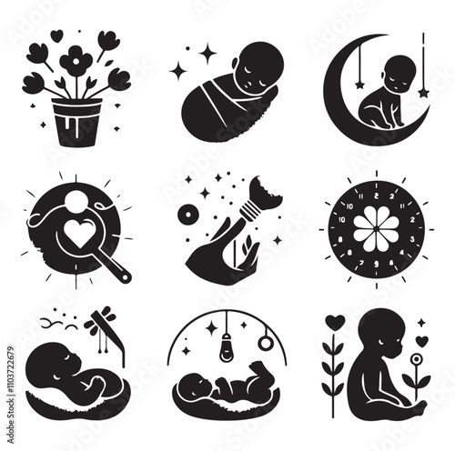 Newborn baby black set silhouette vector illustration