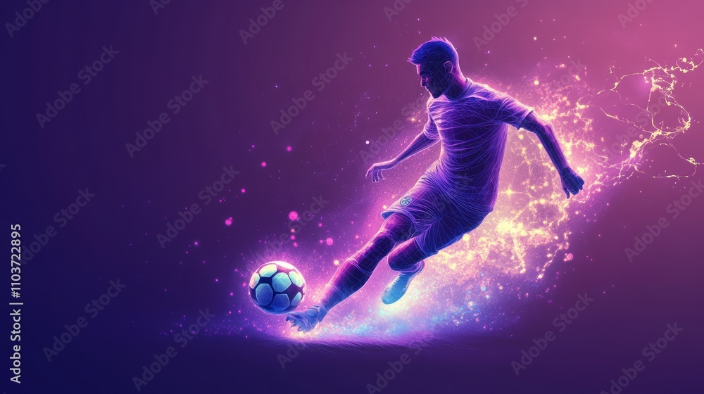 Soccer player kicking ball, dynamic action pose, vibrant light effects. Soccer player kicking ball, dynamic action pose, vibrant light effects.