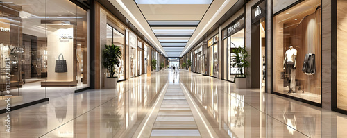Sleek shopping mall walkway with open spaces and minimalist decor touches.