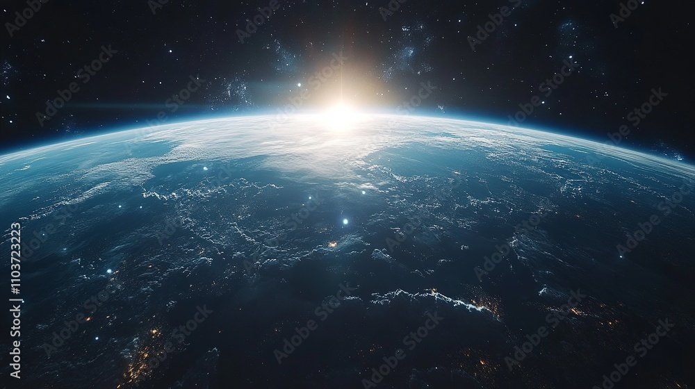 Fototapeta premium Earth and Sun in Space with Stars and Sunrise