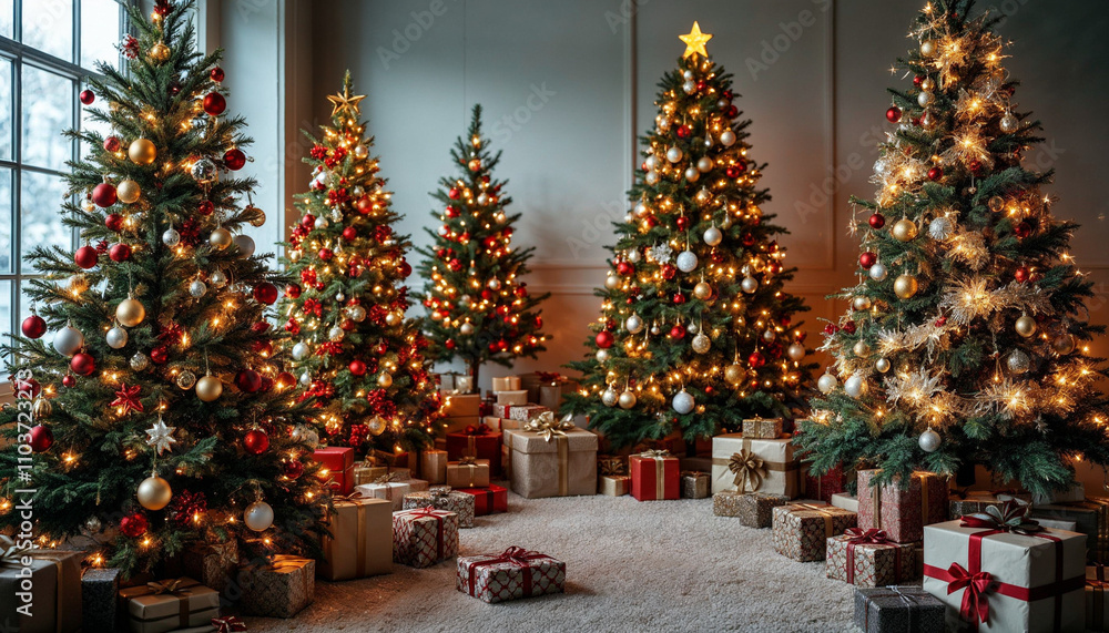 A festive display of decorated Christmas trees with gifts and bright ornaments. A festive display of decorated Christmas trees with gifts and bright ornaments.