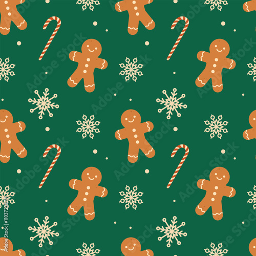 Gingerbread cookies and Christmas candy cane seamless pattern. Christmas print for fabric and wrapping paper. Flat vector illustration