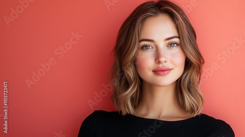 Beauty and skin care products banner concept. A beautiful young woman model wearing a black dress and perfect makeup on a soft red background