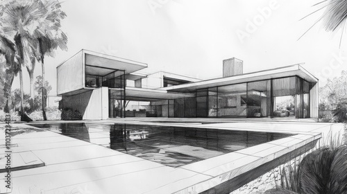 Wallpaper Mural Modern villa architectural sketch with a sleek design, large glass windows, and a serene swimming pool surrounded by landscaped greenery. Torontodigital.ca