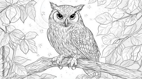 Coloring page of  Owl Illustration: Detailed Line Art of Majestic Bird on a Branch Surrounded by Leafy Foliage and Starry Night Background for Creative Projects photo