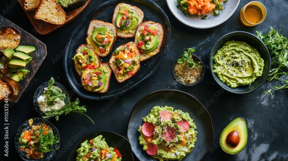 A spread of avocado-based dishes: avocado toast, guacamole, and sliced avocado A spread of avocado-based dishes: avocado toast, guacamole, and sliced avocado