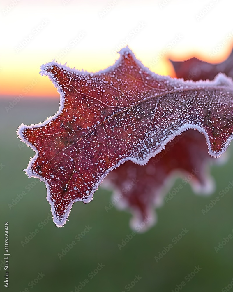 Frost-covered red oak leaves at sunrise Frost-covered red oak leaves at sunrise