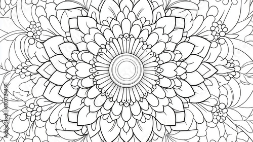 Coloring page of Intricate Mandala Outline Design for Adult Coloring, Featuring Detailed Floral Patterns and Symmetrical Shapes, Perfect for Relaxation and Mindfulness Activities