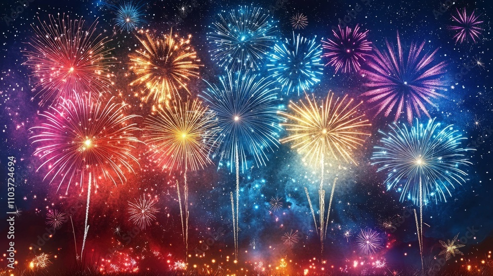 Naklejka premium Colorful Fireworks Display Exploding in Night Sky Captivating the Spectators with Vibrant Bursts of Light