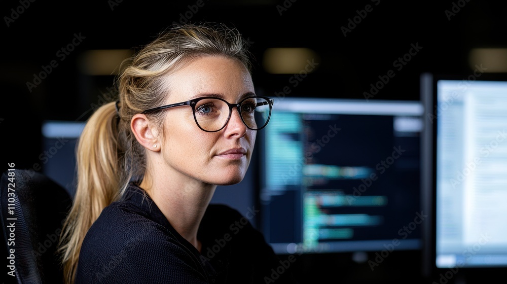 Focused female programmer working on code in a dark office environment with multiple screens Focused female programmer working on code in a dark office environment with multiple screens