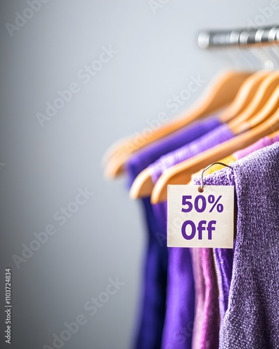 Sale sign on clothing rack featuring purple garments photo