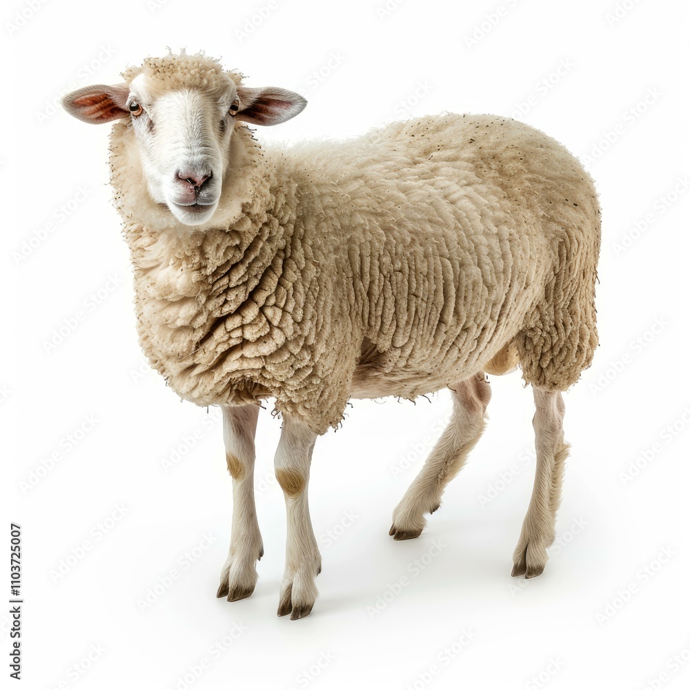 Fototapeta premium Domestic sheep standing on white background