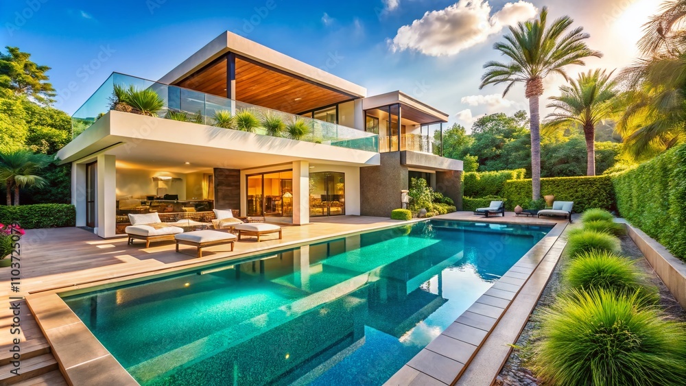 Fototapeta premium Modern Villa with a Stunning Swimming Pool Surrounded by Lush Greenery in a Bright Sunny Landscape Ideal for Luxurious Living and Relaxation in Nature’s Embrace