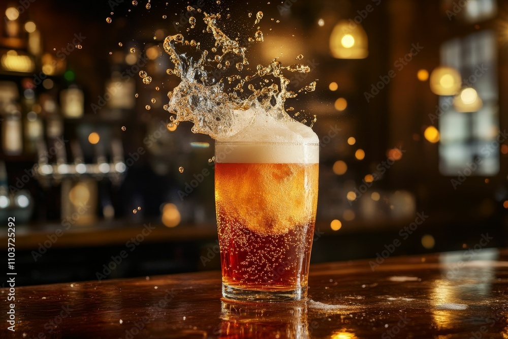 Beer splashing in glass, bar background. Beer splashing in glass, bar background.