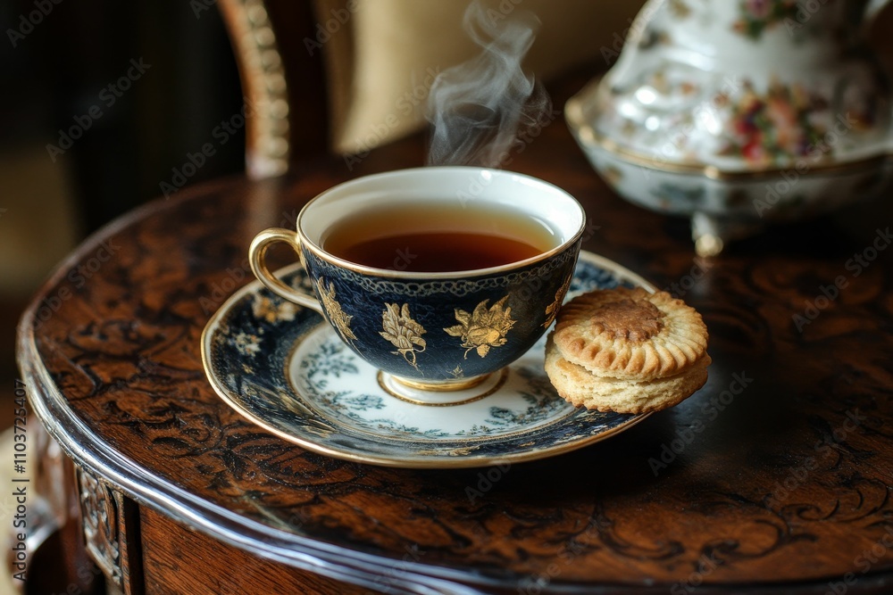 Steaming teacup, biscuit, ornate saucer, dark wood. Steaming teacup, biscuit, ornate saucer, dark wood.