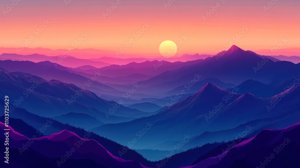 A sunrise over the mountains, with the sky transitioning from peach to violet. A sunrise over the mountains, with the sky transitioning from peach to violet.