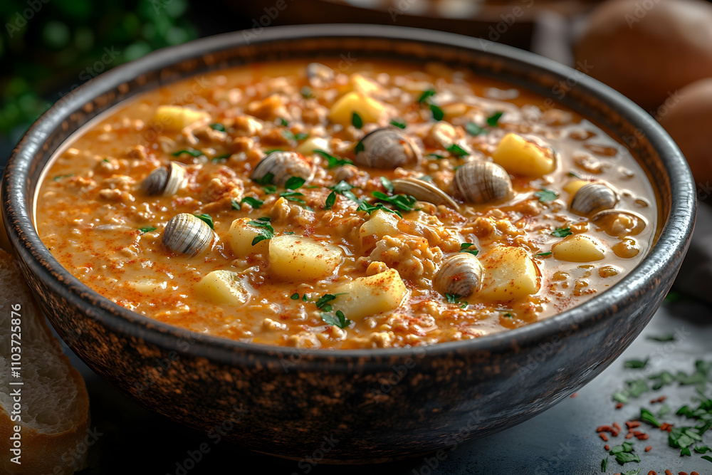 Creamy clam and potato soup in a rustic bowl, garnished with parsley. Creamy clam and potato soup in a rustic bowl, garnished with parsley.