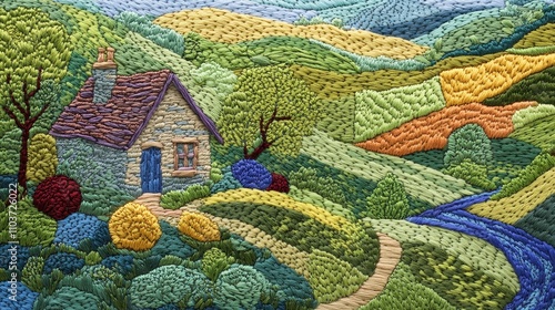 Charming Hand-Stitched Cottage in Vibrant Hills - Quaint cottage, lush hills, hand stitched, vibrant colors, peaceful landscape.