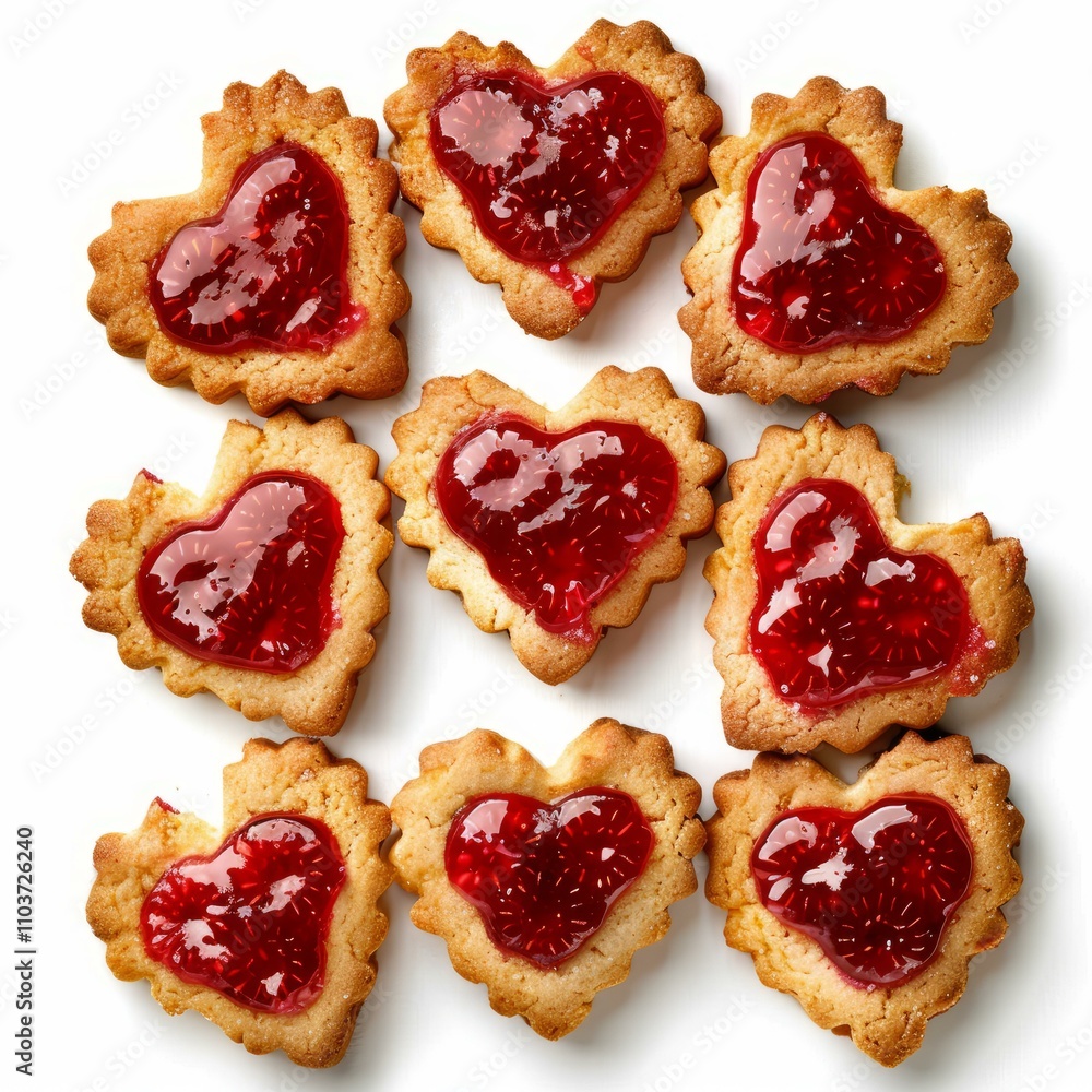 Heart shaped cookies with raspberry jelly filling forming a square on white background Heart shaped cookies with raspberry jelly filling forming a square on white background